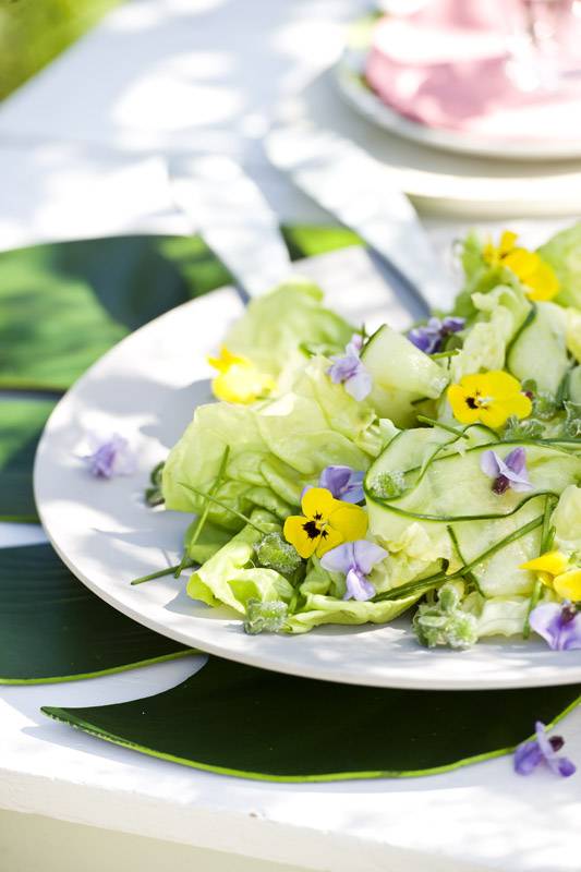 Komkommer salade met eetbare bloemen