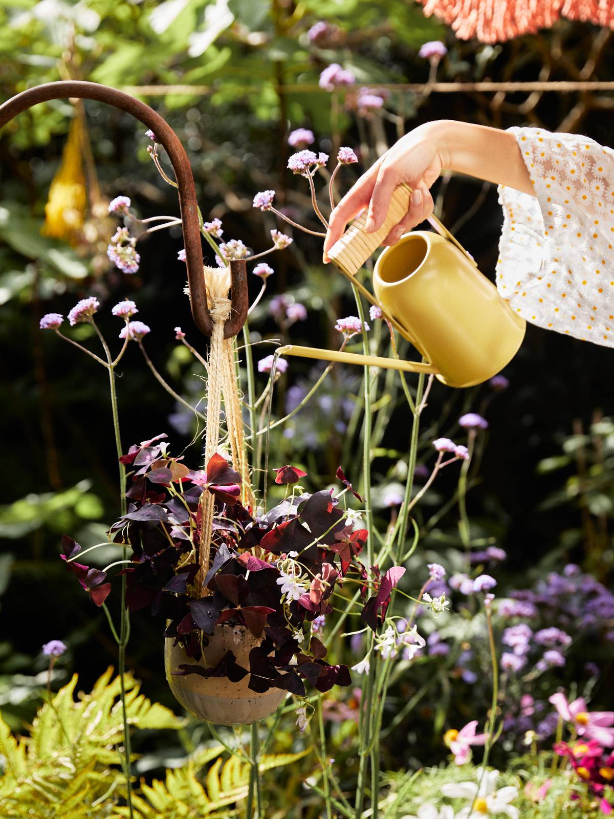 Gieter die water geeft aan mooie buitenplanten
